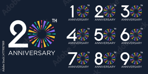set of 10 to 100th anniversary logotype design, with colorful fireworks for celebration event, wedding, and birthday, vector illustration photo