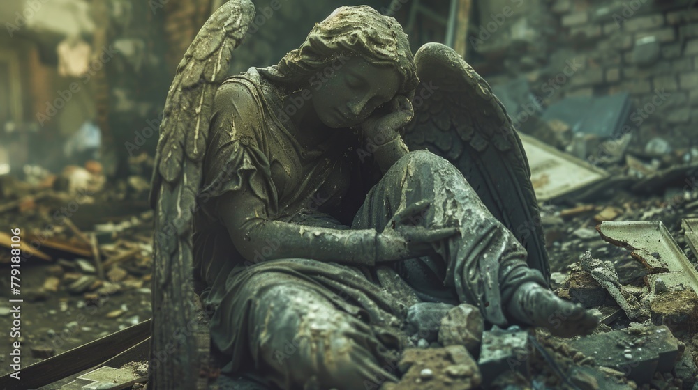 Fototapeta premium A serene angel statue sitting on rubble, suitable for various concepts and designs