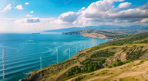 Windmills for electric power production, Zaragoza Province, Aragon, Spain, View from Cape Kaliakra to an offshore wind farm photo
