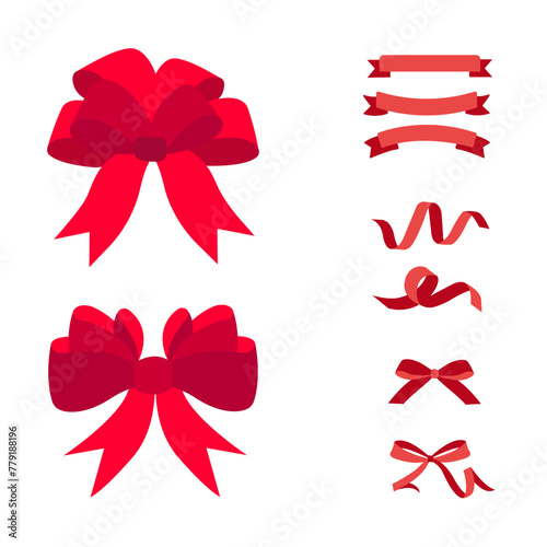 Set of red various cartoon bows on a white background, gift ribbons. Fashionable accessory for hair braiding. Hand drawn vector illustration.EPS10