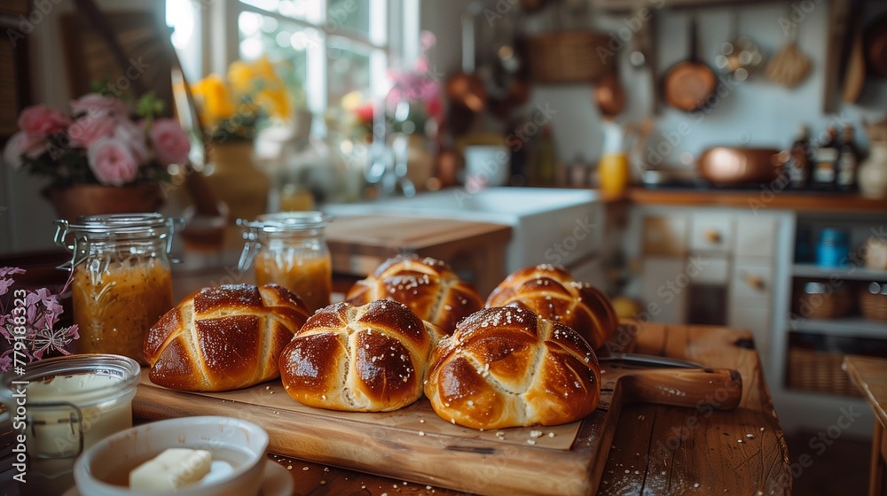 Cozy Rustic Kitchen with Hot Cross Buns and Homemade Jam, generative ai