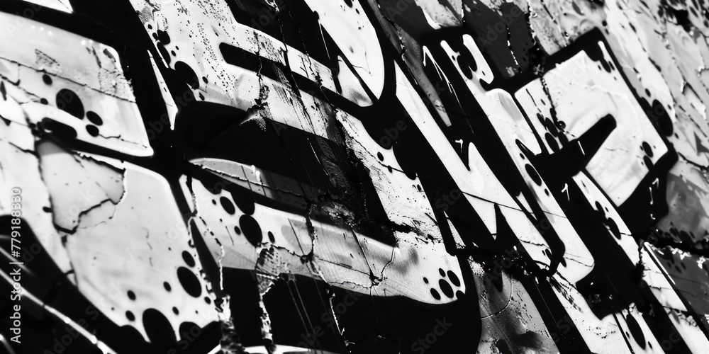Naklejka premium Black and white photo of graffiti wall art, perfect for urban design projects