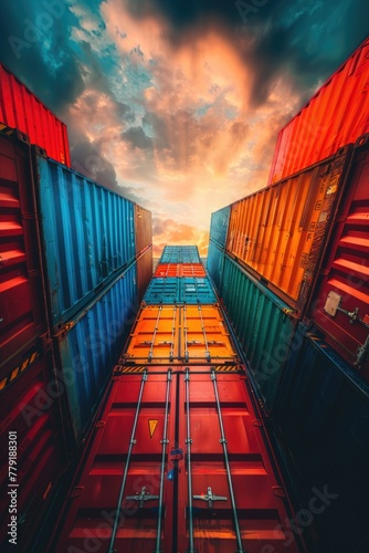 A long row of colorful shipping containers on a cloudy day. Ideal for transportation industry projects