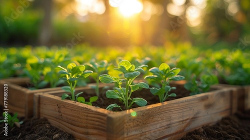 Sunrise Glow: Biodegradable Planting Box in a Lush Garden, generative ai