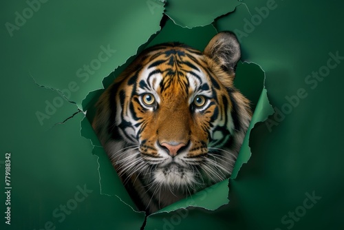 A detailed tiger's face looking through a jagged hole in green paper, symbolizing power and breakthrough. Tiger's Face Emerging from Torn Green Paper