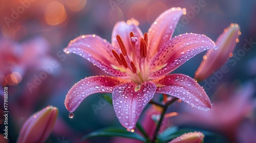 Glistening Morning Dew on Lily Petals, generative ai