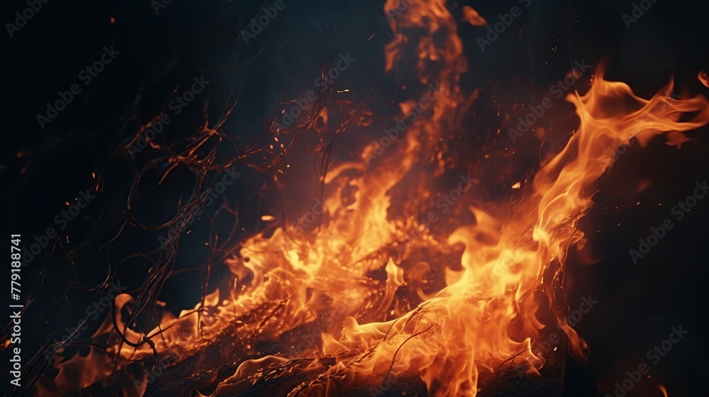 Amazing fire flames and sparkles from floor in the dark room background Amazing fire flames and sparkles from floor in the dark room background