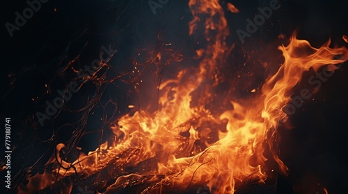 Amazing fire flames and sparkles from floor in the dark room background