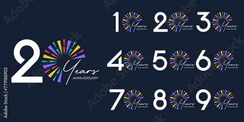 set of 10 to 100th anniversary logotype design, with colorful fireworks for celebration event, wedding, and birthday, vector illustration