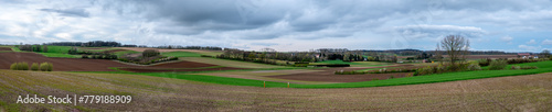 Extra large panoramic view over the hills and fields at the Flemish countryside around Tervuren, Belgium