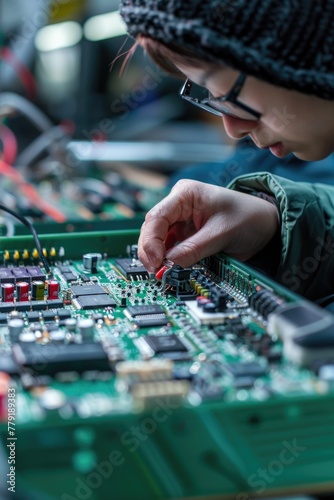 A woman busy working on a circuit board. Suitable for technology or engineering concepts