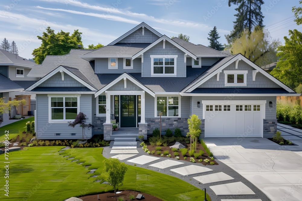 From the drone's lens, a serene craftsman-style home facade in pale lavender, with a meandering pathway leading to the front door.