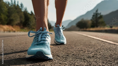 Morning Jog: Roadside Runner's Sneakers in Focus. Concept Morning Jog, Roadside, Runner's Sneakers, Focus