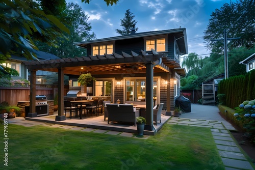 A craftsman house with a dark exterior, showcasing a spacious backyard with a pergola, outdoor kitchen, and dining area. © hassan