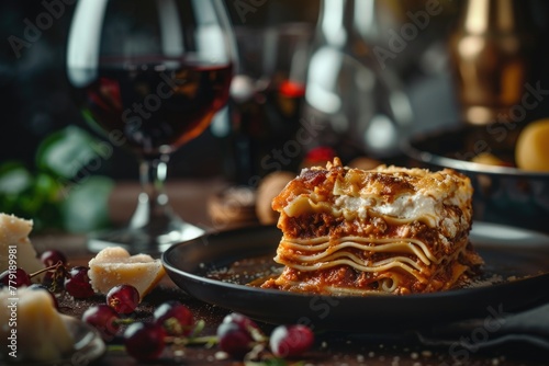 A plate of lasagna with a glass of wine in the background. Perfect for food and beverage concepts