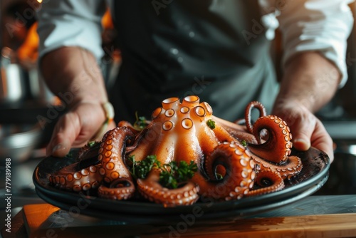 A person holding a plate of food with an octopus on it. Suitable for seafood restaurant concept