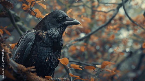 A black bird sitting on top of a tree branch. Suitable for nature or wildlife themes