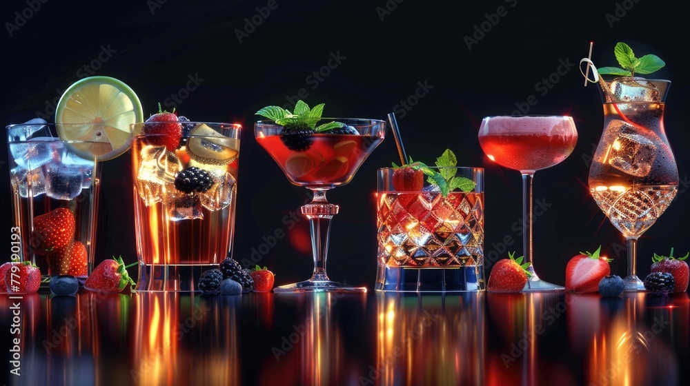 Assorted cocktails on a table, perfect for bar or party themes
