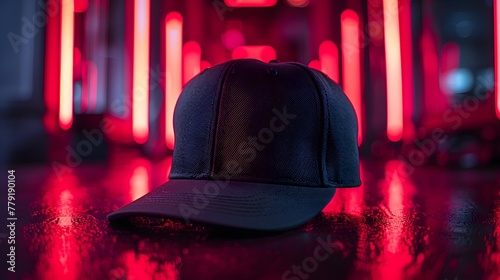 a modern snapback hat in sleek black, perfectly isolated against a backdrop of fiery red, accentuating its urban-inspired design and streetwise appeal, in cinematic 16k high resolution. photo