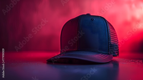 a modern snapback hat in sleek black, perfectly isolated against a backdrop of fiery red, accentuating its urban-inspired design and streetwise appeal, in cinematic 16k high resolution. photo