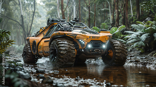 High-tech amphibious exploration vehicle, advanced navigation systems, durable all-terrain design, exploration and adventure 