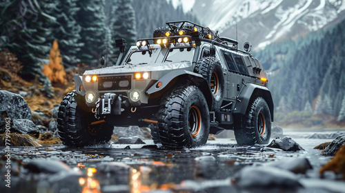 High-tech amphibious exploration vehicle, advanced navigation systems,