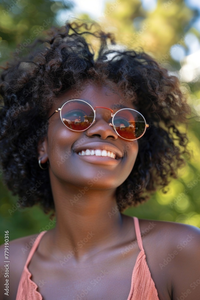 A woman wearing sunglasses smiles for the camera. Suitable for lifestyle and fashion concepts A woman wearing sunglasses smiles for the camera. Suitable for lifestyle and fashion concepts