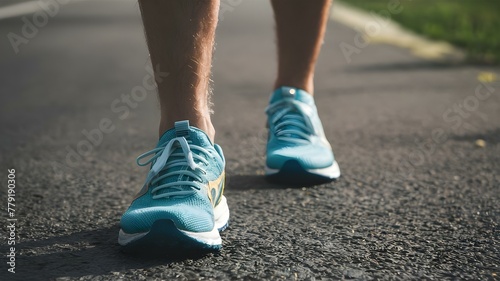 Morning Jog: A Runner's Stride and Shoes. Concept Morning Jog, Runner's Stride, Jogging Shoes, Exercise Routine, Outdoor Fitness
