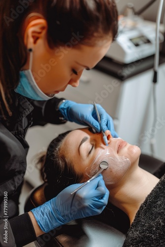 A woman receiving eyebrow treatment at a beauty salon. Ideal for beauty and wellness industry promotions