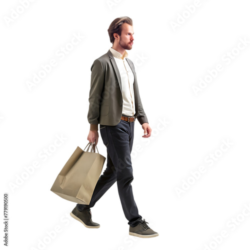 a young man wearing a dark shirt and jeans carries many bags to go shopping