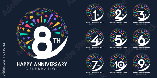 set of 1 to 10th anniversary logotype design, with colorful fireworks for celebration event, wedding, and birthday, vector illustration photo