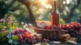 a summer picnic scene: a rustic picnic basket brimming with delectable treats, including cheese, grapes, crackers, and a bottle of wine, against a serene solid backdrop