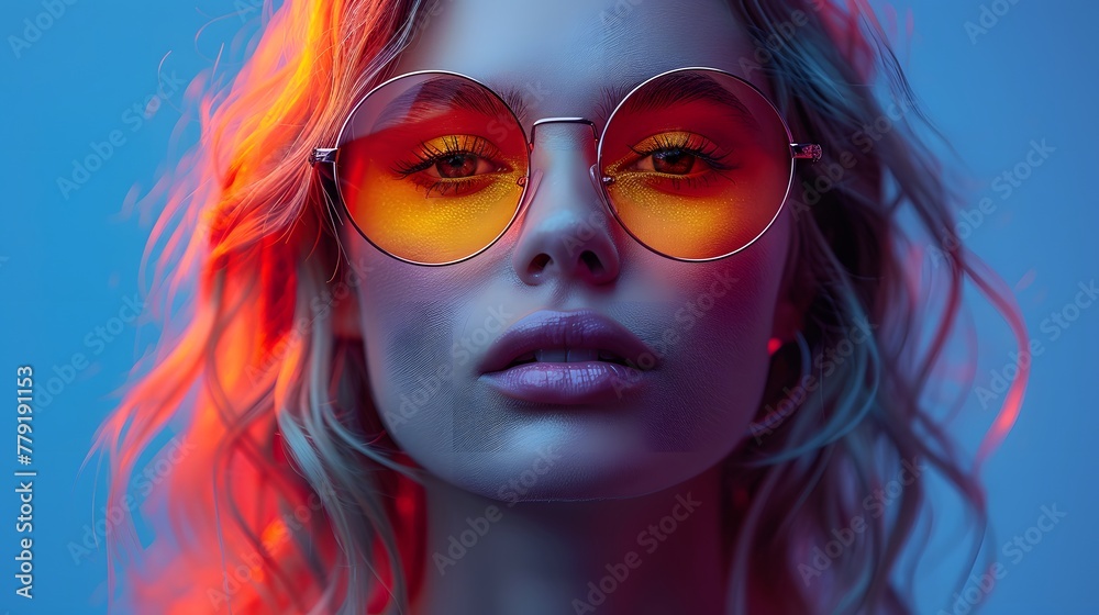 a trendy pair of round sunglasses with bold neon frames, popping against a backdrop of vibrant electric blue, capturing the playful energy and youthful spirit of summer fashion