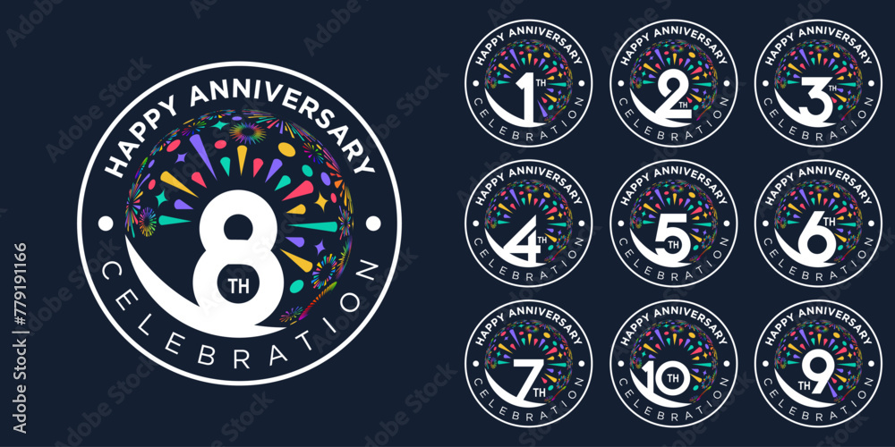 set of 1 to 10th anniversary logotype design, with colorful fireworks for celebration event, wedding, and birthday, vector illustration