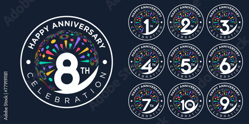 set of 1 to 10th anniversary logotype design, with colorful fireworks for celebration event, wedding, and birthday, vector illustration photo