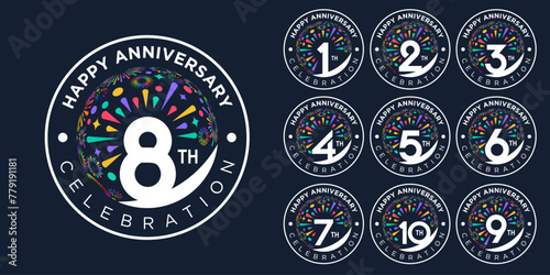 set of 1 to 10th anniversary logotype design, with colorful fireworks for celebration event, wedding, and birthday, vector illustration