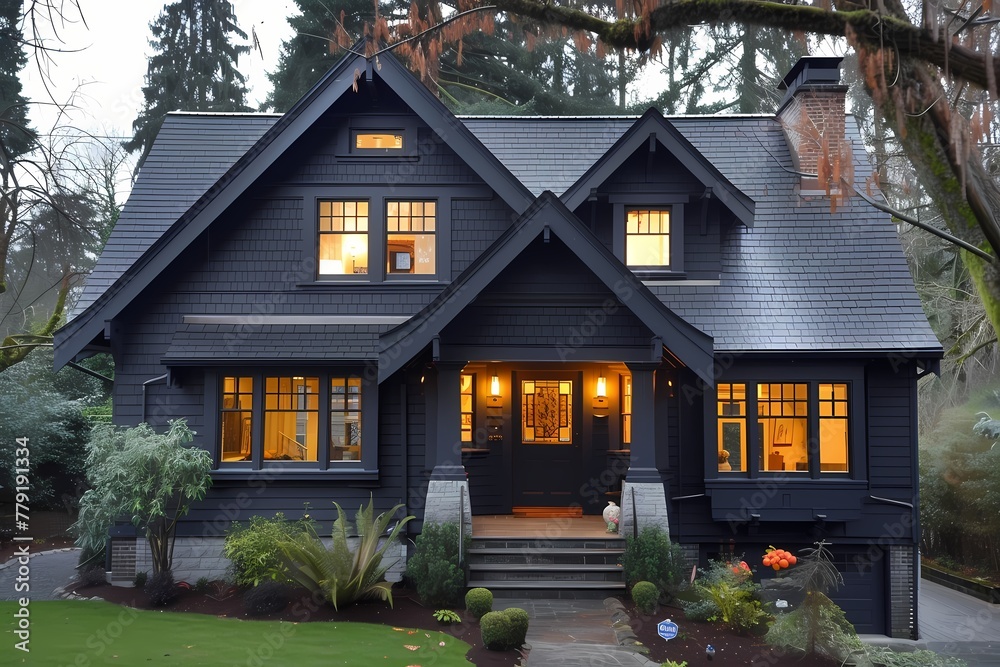 A bold craftsman house exterior painted in velvety midnight blue, reflecting the calmness of the twilight hour.