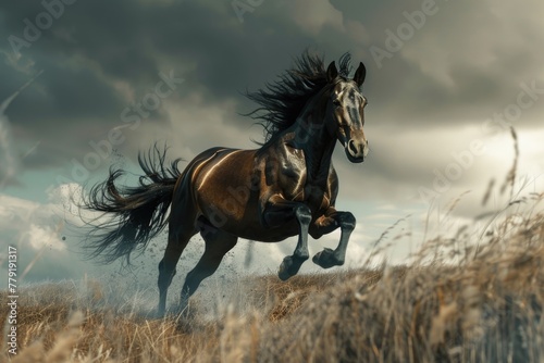 A dynamic image of a horse galloping in a picturesque field. Ideal for nature and animal themes