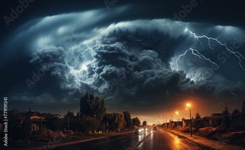 a large storm is erupting over a city