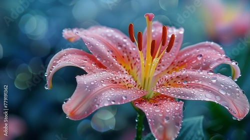 Nature's Delicate Balance: Morning Dew on Lily, generative ai