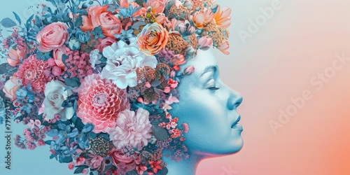 A woman with flowers in her hair. Suitable for beauty and nature concepts