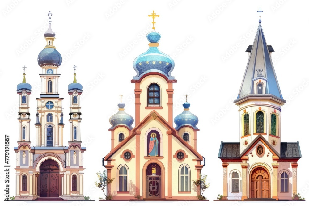 A group of three different colored buildings with domes. Suitable for architectural and travel concepts