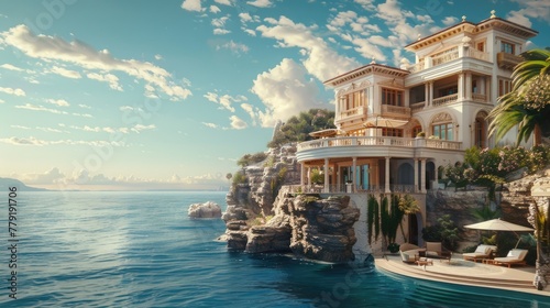 A house perched on a cliff with stunning ocean views. Perfect for real estate or travel concepts