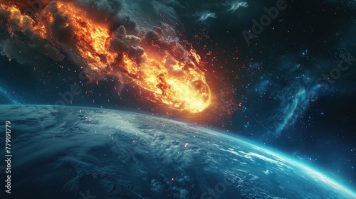 A large burning meteorite flies towards planet Earth