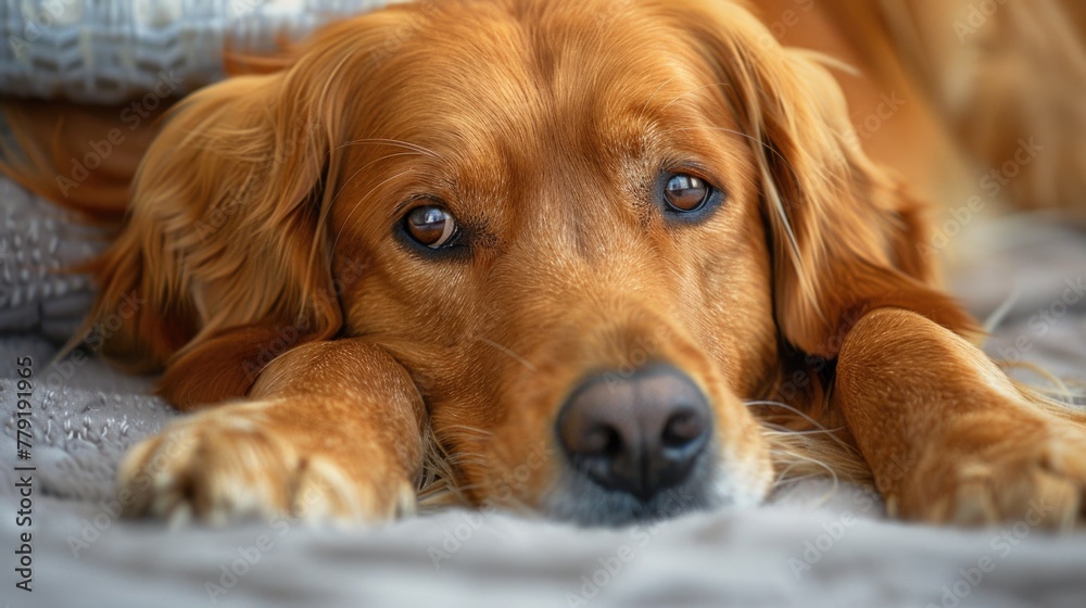 Close up of a dog relaxing on a bed, suitable for pet-related designs