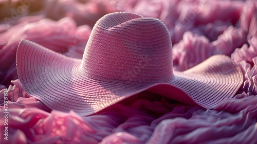 floppy sun hat in blush pink, delicately isolated on a background of soft lavender, accentuating its feminine style and sun-shielding functionality, in cinematic 16k high resolution.