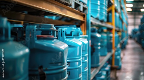 Row of blue gas bottles on a shelf, suitable for industrial or storage concepts photo