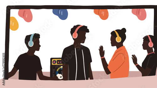 Joyful Beats. Dancing with Delight to the DJ's Vibrant Tunes. Flat illustration.