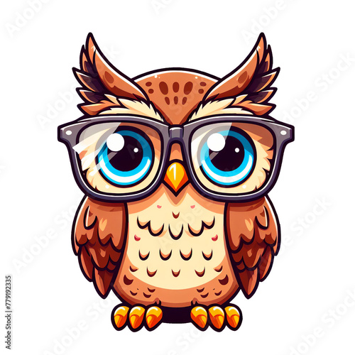 Funny cartoon smart owl with glasses isolated on a transparent background. Close-up, cut out.
