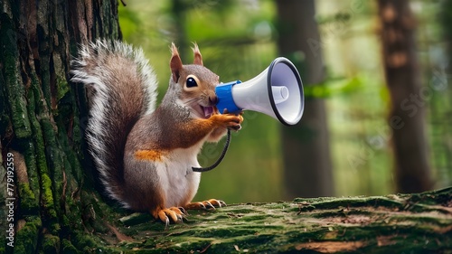Forest Newscaster: Squirrel's Daily Acorn Bulletin. Concept Wildlife updates, Outdoor lifestyle, Nature stories, Adventures in the woods photo